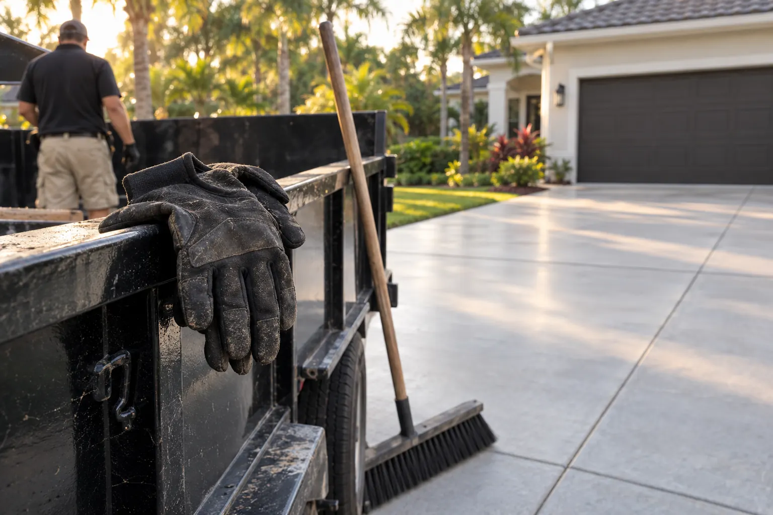 Work gloves resting on a trailer wall with a push broom and a swept-clean driveway behind