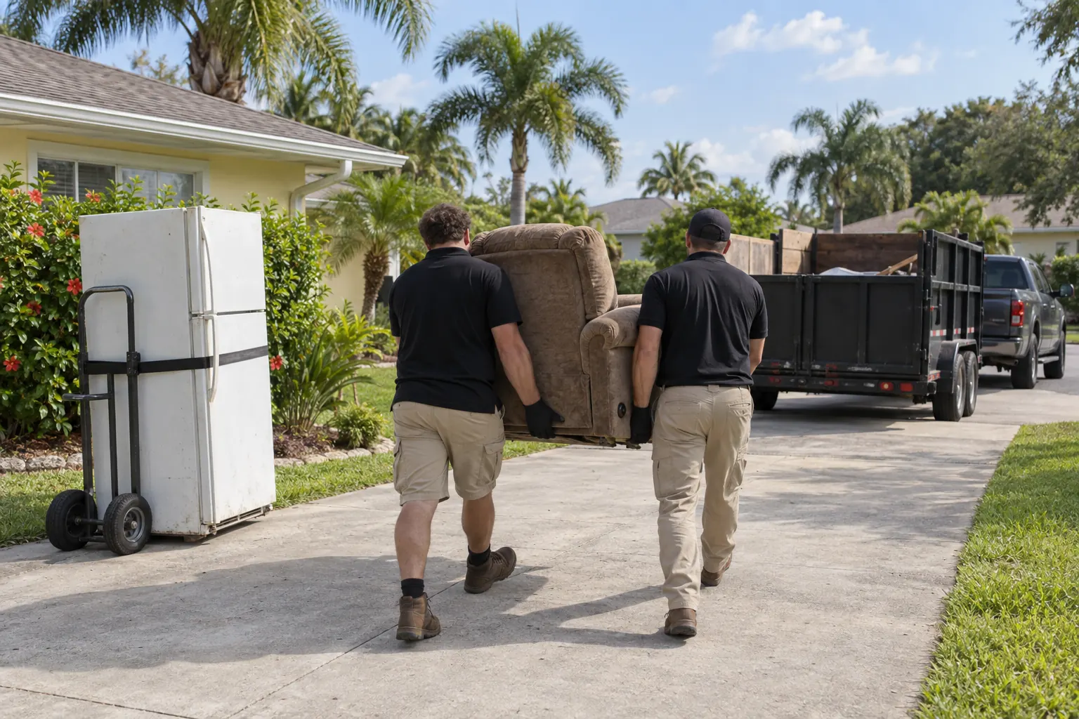 Two workers carrying an old recliner down a driveway toward a trailer, a refrigerator waiting on a hand truck