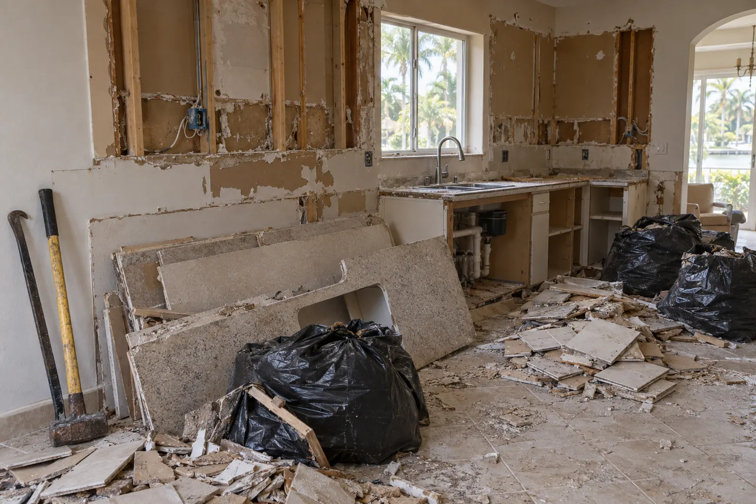 Kitchen torn down to the studs with cabinets removed and tile debris bagged