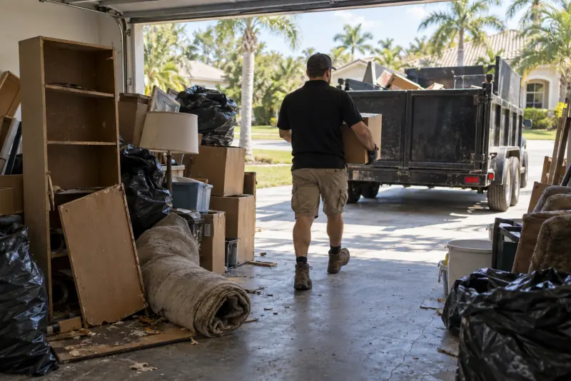 Garage full of boxes, a bookshelf and rolled carpet being cleared into a trailer