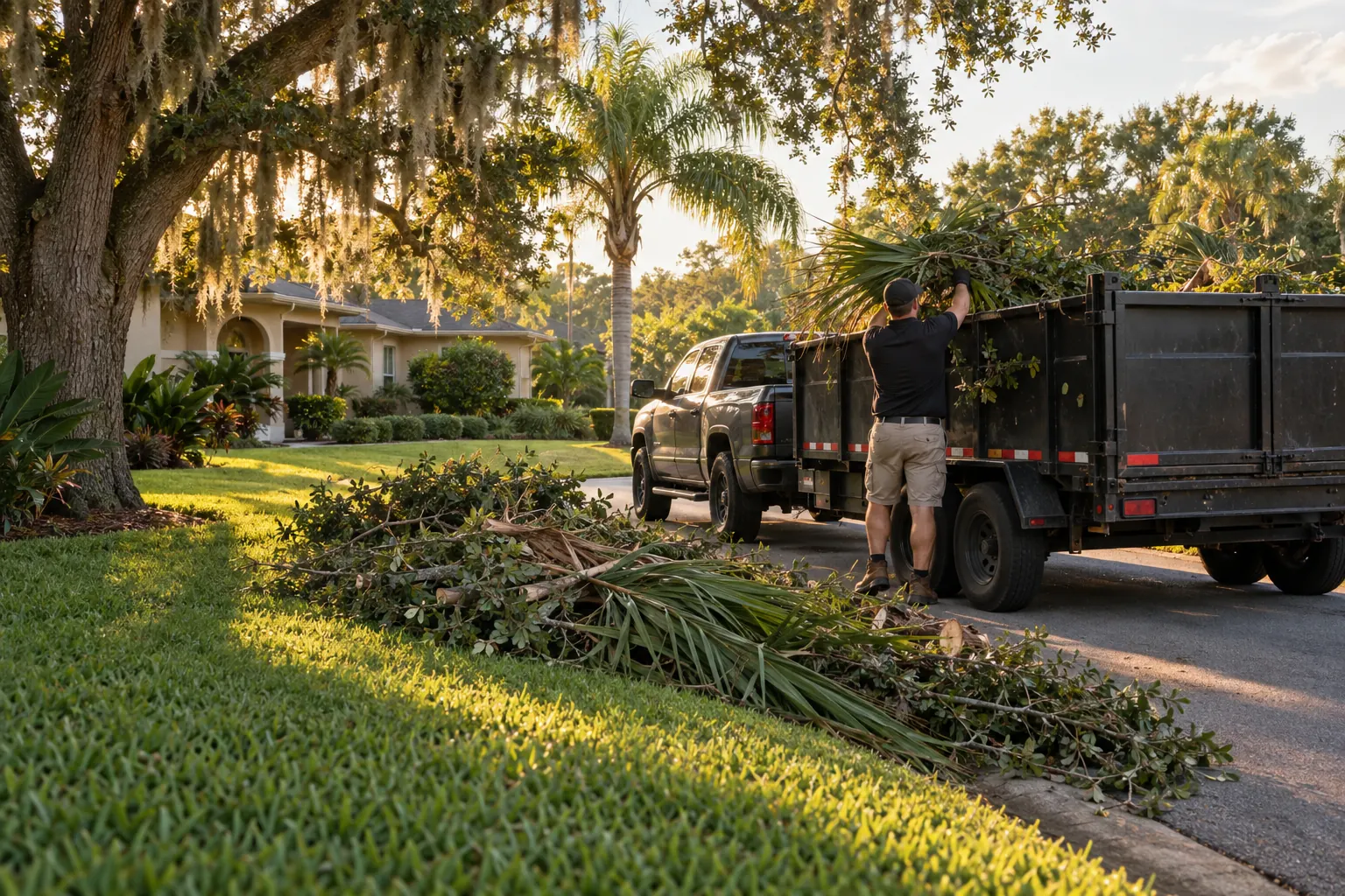 Loading cut palm fronds and oak limbs into a dump trailer at the curb of a Florida home