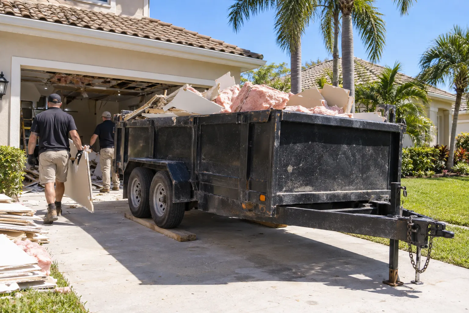 Trailer dropped in a driveway partly filled with drywall and insulation